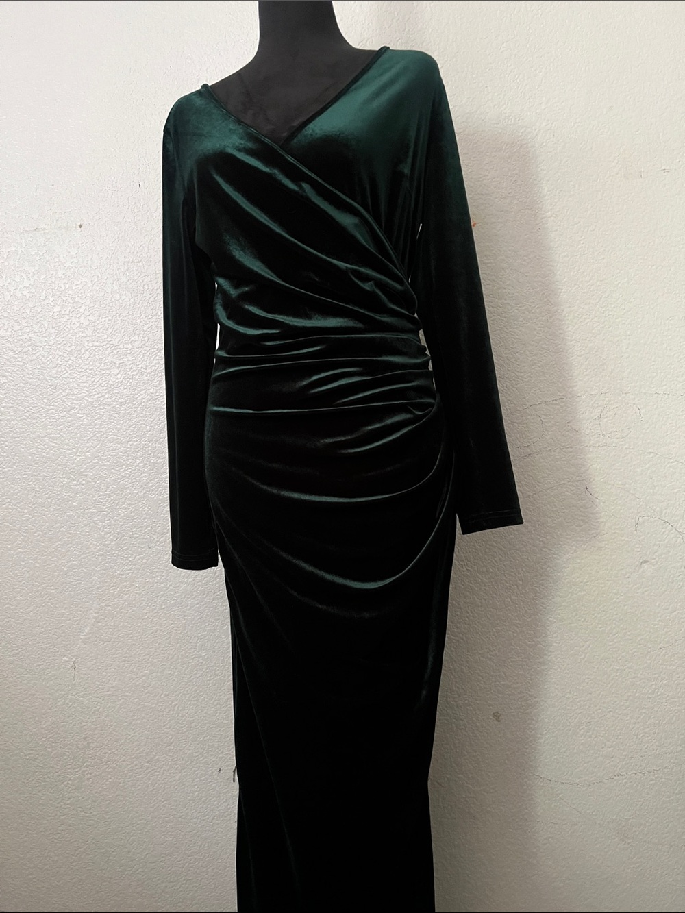Velvet Wrap Long-Sleeve Maxi Dress in Deep Green